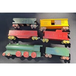 Vintage Strombecker wooden toy train six piece set Large Size! Excellent!